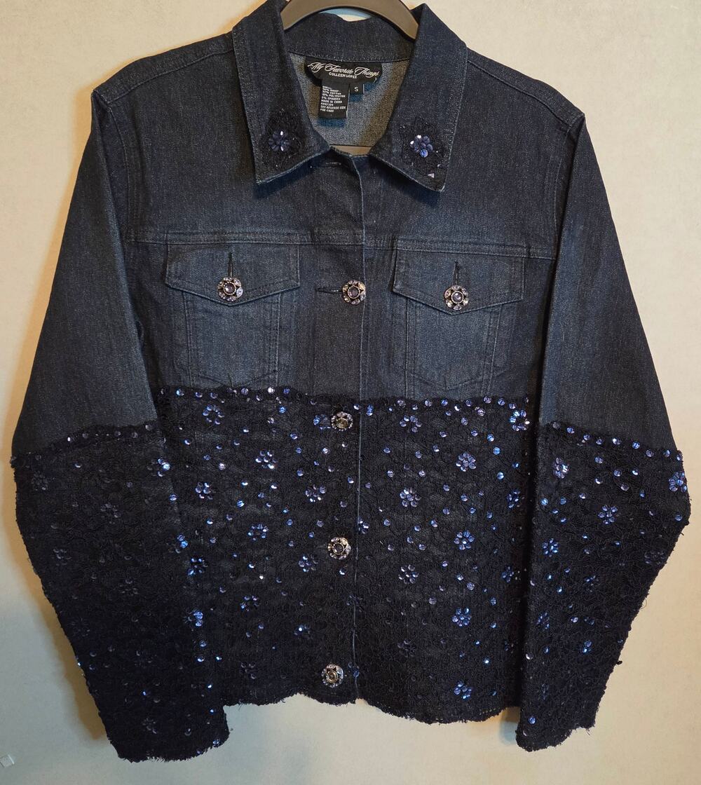 Colleen Lopez D-Wash Denim Jacket bottom half sequined detail decor buttons S